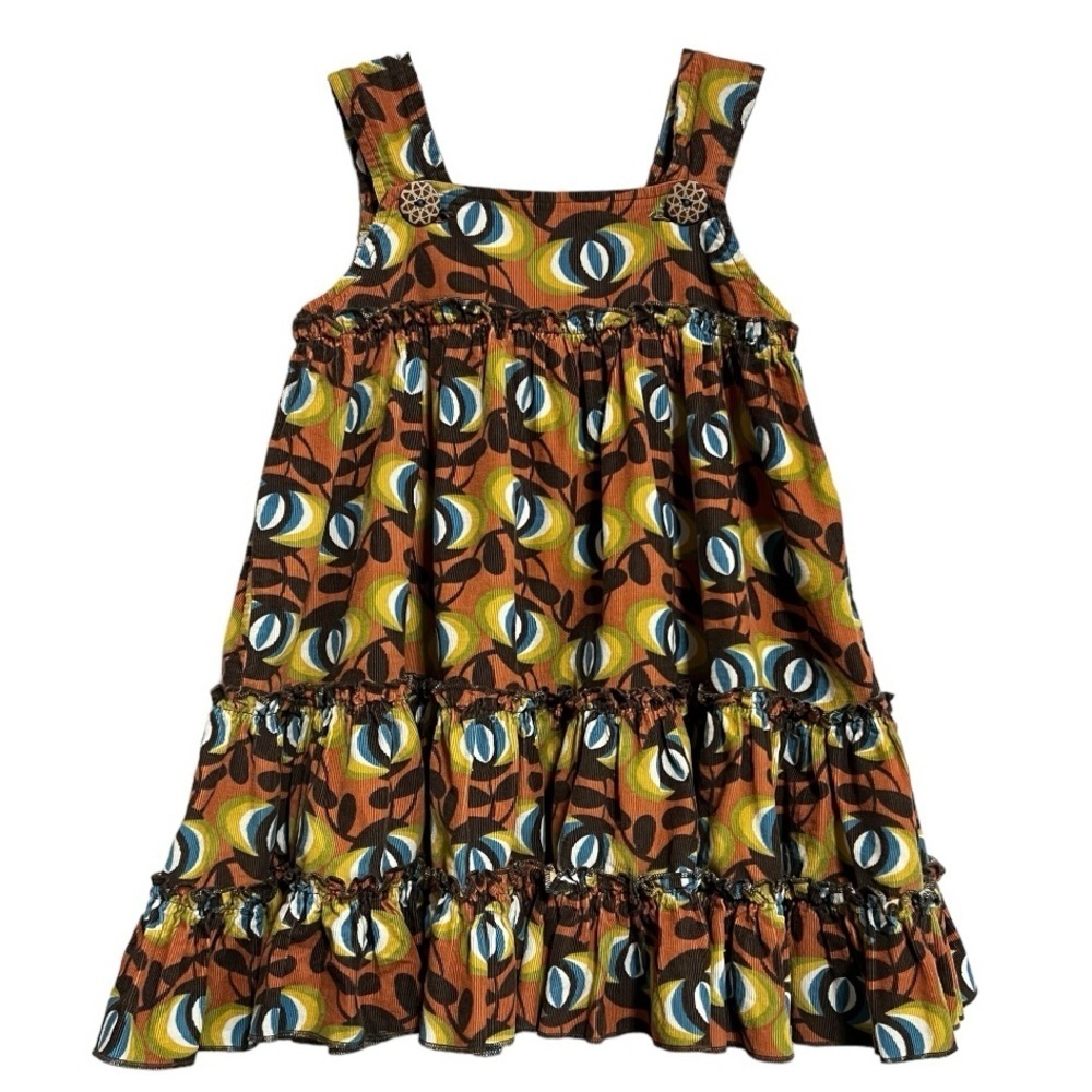 Matilda Jane Corduroy Jumper Dress Peacock Theme Orange Brown Pop of Blue Size 4